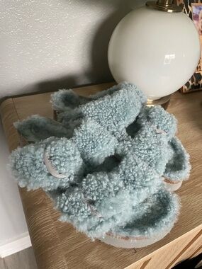 Papillio Shearling-Like Fuzzy Slide Sandals in Light Blue